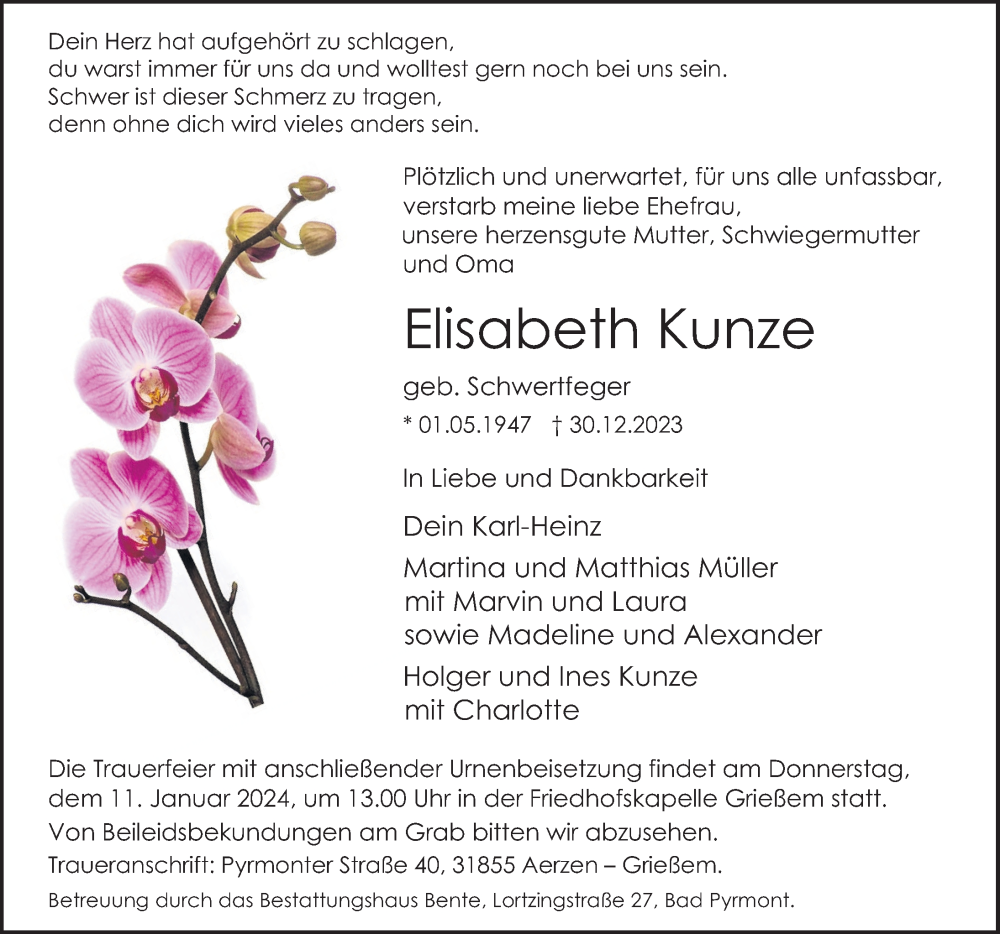  Traueranzeige für Elisabeth Kunze vom 06.01.2024 aus Deister- und Weserzeitung