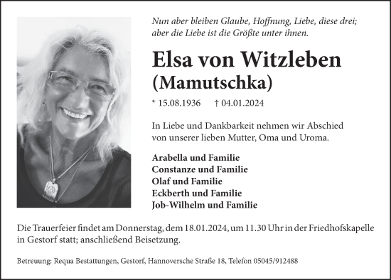Traueranzeige von Elsa von Witzleben von Neue Deister-Zeitung