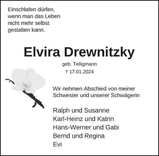 Traueranzeige von Elvira Drewnitzky von Deister- und Weserzeitung