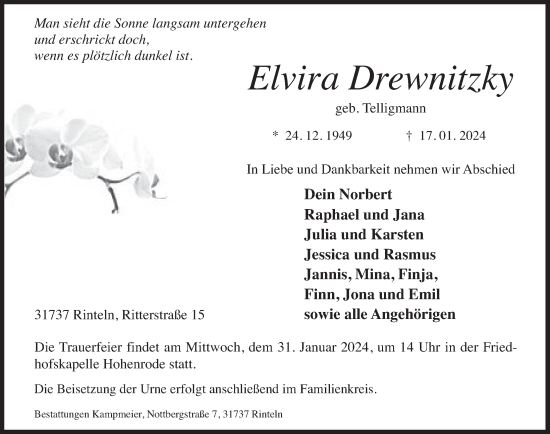 Traueranzeige von Elvira Drewnitzky von Deister- und Weserzeitung
