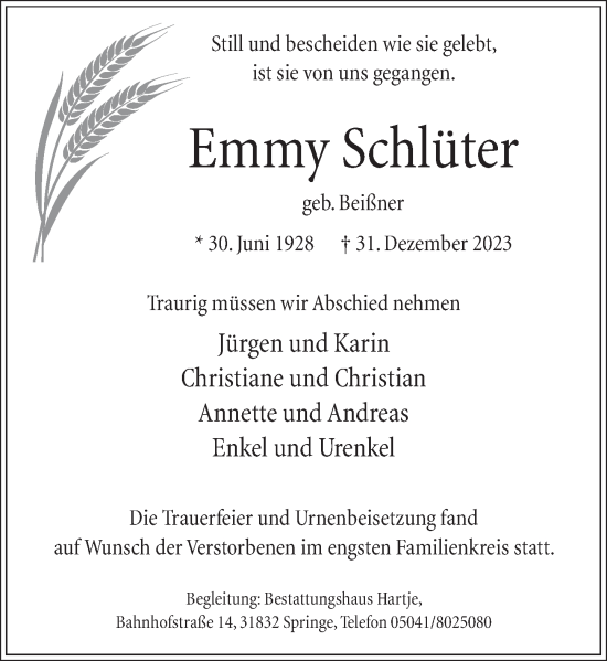 Traueranzeige von Emmy Schlüter von Neue Deister-Zeitung