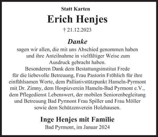 Traueranzeige von Erich Henjes von Deister- und Weserzeitung