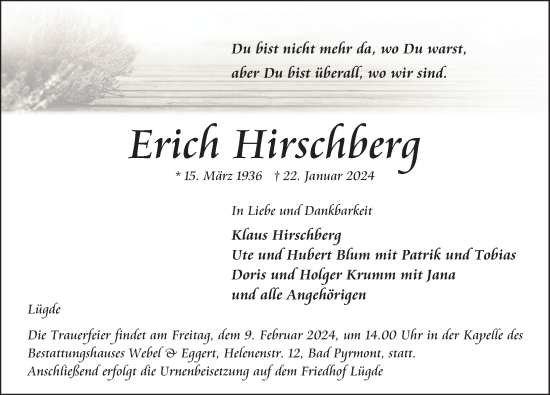 Traueranzeige von Erich Hirschberg von Deister- und Weserzeitung