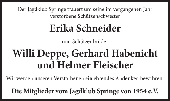 Traueranzeige von Erika Schneider von Neue Deister-Zeitung