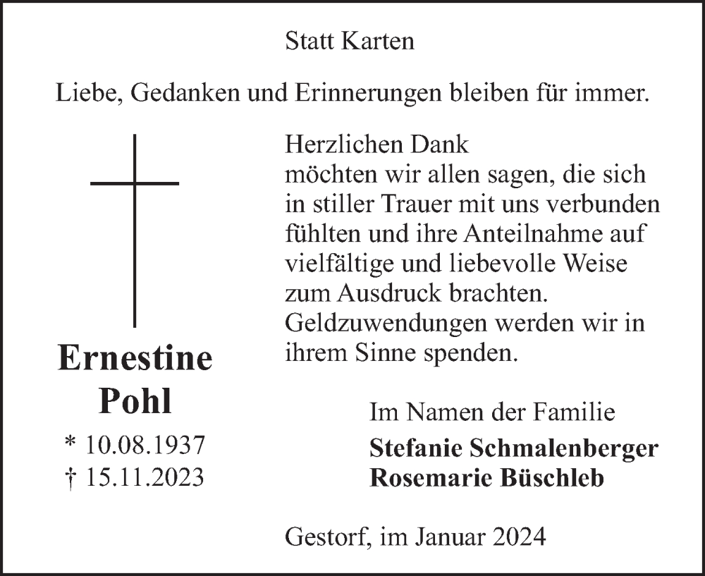  Traueranzeige für Ernestine Pohl vom 13.01.2024 aus Neue Deister-Zeitung