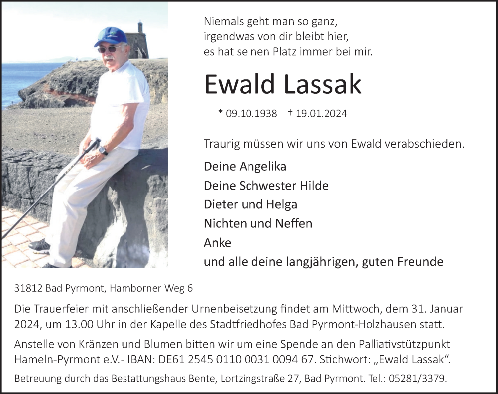  Traueranzeige für Ewald Lassak vom 24.01.2024 aus Deister- und Weserzeitung