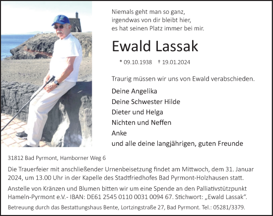 Traueranzeige von Ewald Lassak von Deister- und Weserzeitung