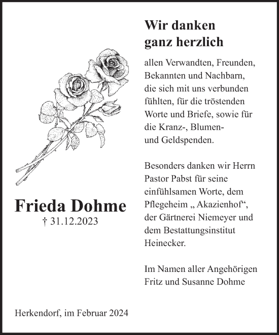 Traueranzeige von Frieda Dohme von Deister- und Weserzeitung