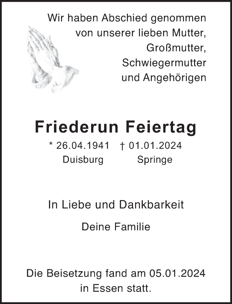  Traueranzeige für Friederun Feiertag vom 06.01.2024 aus Neue Deister-Zeitung