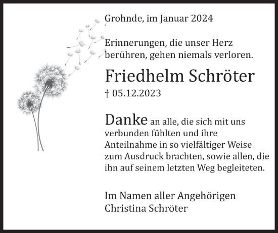 Traueranzeige von Friedhelm Schröter von Deister- und Weserzeitung