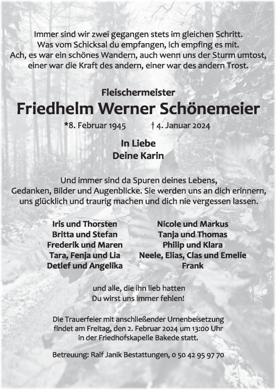Traueranzeige von Friedhelm Werner Schönemeier von Neue Deister-Zeitung