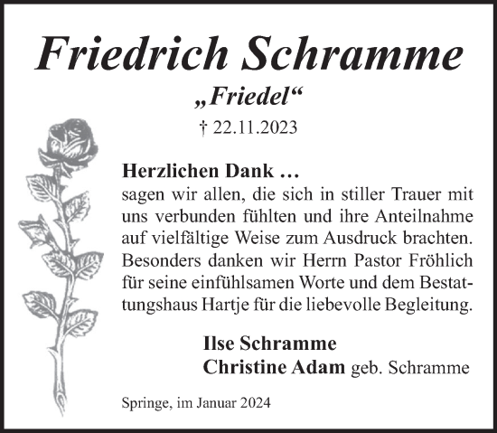 Traueranzeige von Friedrich Schramme von Neue Deister-Zeitung