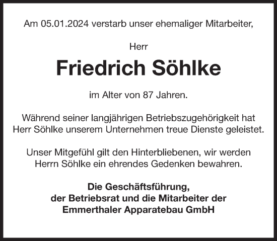 Traueranzeige von Friedrich Söhlke von Deister- und Weserzeitung