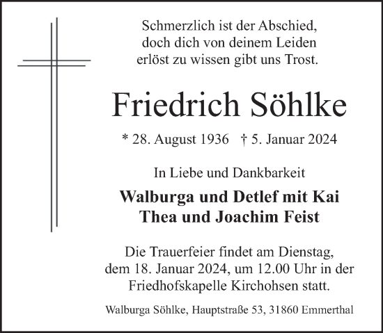 Traueranzeige von Friedrich Söhlke von Deister- und Weserzeitung