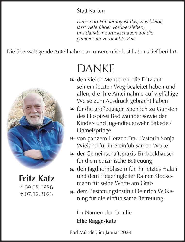  Traueranzeige für Fritz Katz vom 13.01.2024 aus Neue Deister-Zeitung