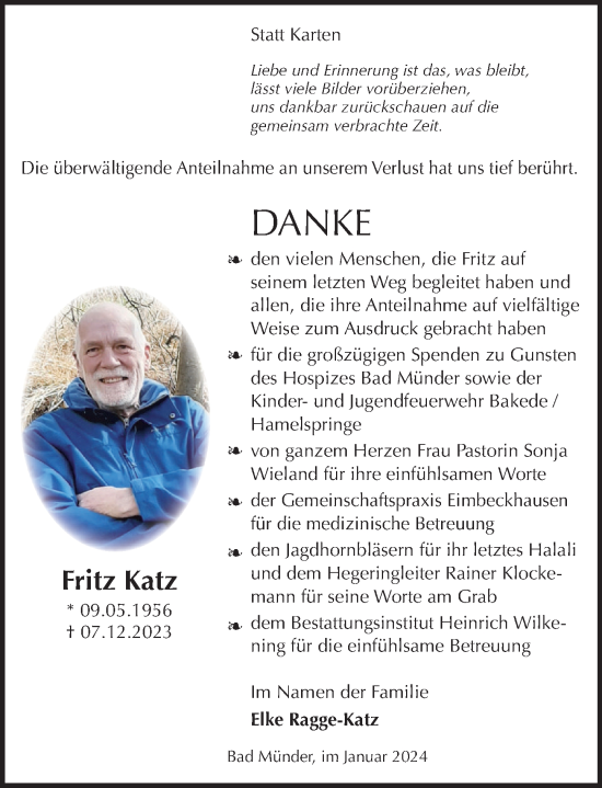 Traueranzeige von Fritz Katz von Neue Deister-Zeitung