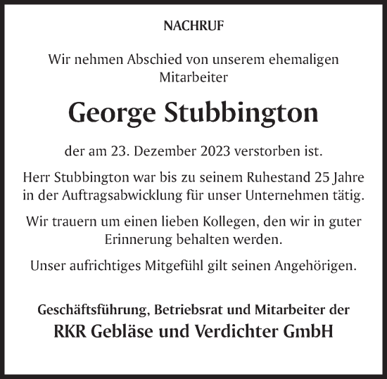 Traueranzeige von Georg Stubbington von Deister- und Weserzeitung