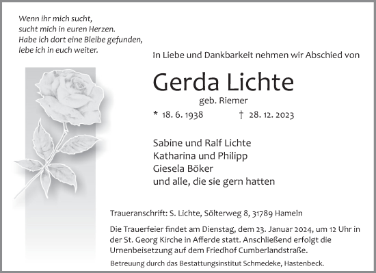 Traueranzeige von Gerda Lichte von Deister- und Weserzeitung