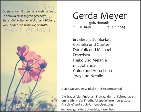 Traueranzeige von Gerda Meyer von Deister- und Weserzeitung