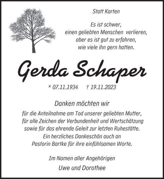 Traueranzeige von Gerda Schaper von Neue Deister-Zeitung
