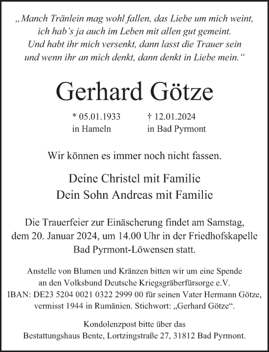 Traueranzeige von Gerhard Götze von Deister- und Weserzeitung