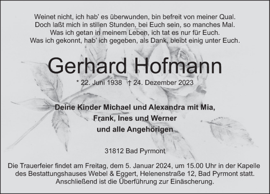 Traueranzeige von Gerhard Hofmann von Deister- und Weserzeitung