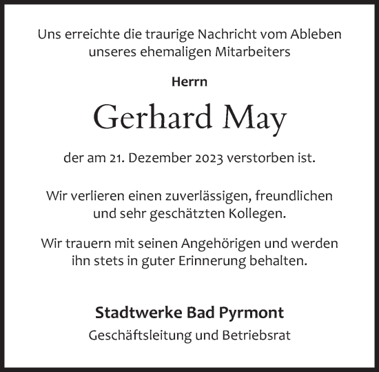 Traueranzeige von Gerhard May von Deister- und Weserzeitung