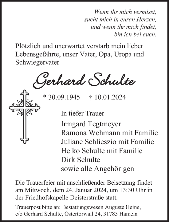 Traueranzeige von Gerhard Schulte von Deister- und Weserzeitung