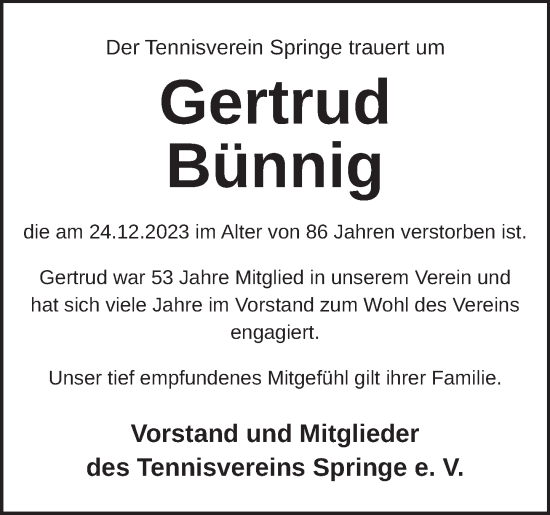 Traueranzeige von Gertrud Bünnig von Neue Deister-Zeitung