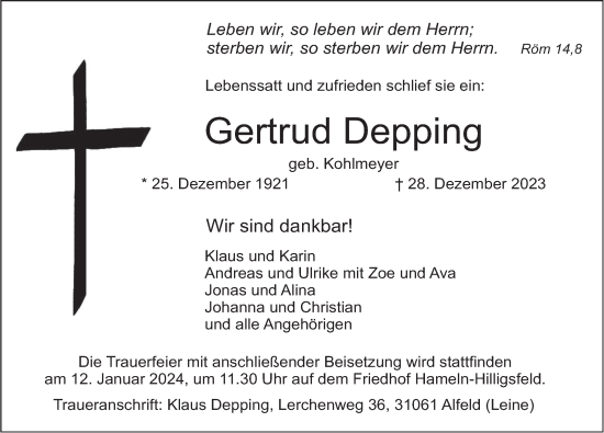 Traueranzeige von Gertrud Depping von Deister- und Weserzeitung