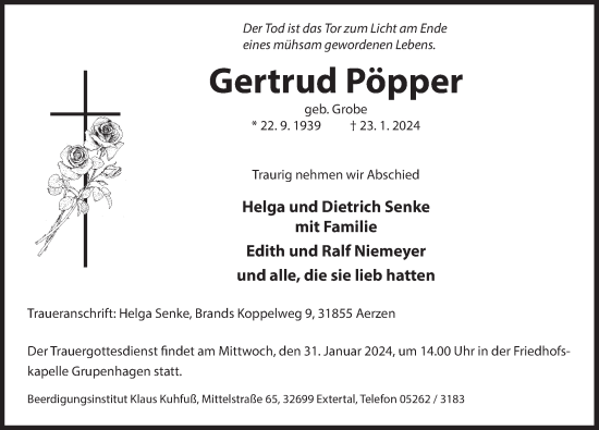 Traueranzeige von Gertrud Pöpper von Deister- und Weserzeitung