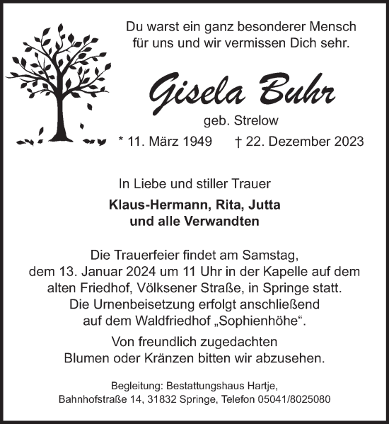 Traueranzeige von Gisela Buhr von Neue Deister-Zeitung