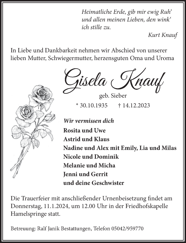  Traueranzeige für Gisela Knauf vom 06.01.2024 aus Neue Deister-Zeitung