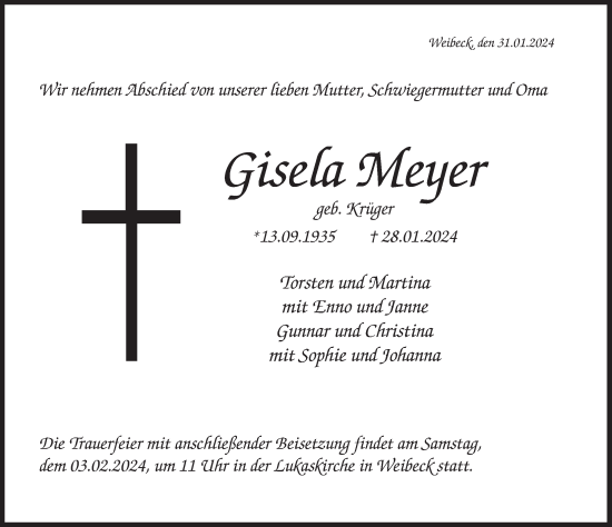 Traueranzeige von Gisela Meyer von Deister- und Weserzeitung