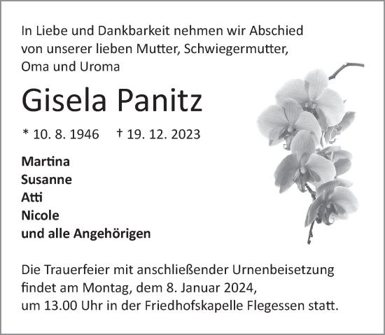 Traueranzeige von Gisela Panitz von Neue Deister-Zeitung