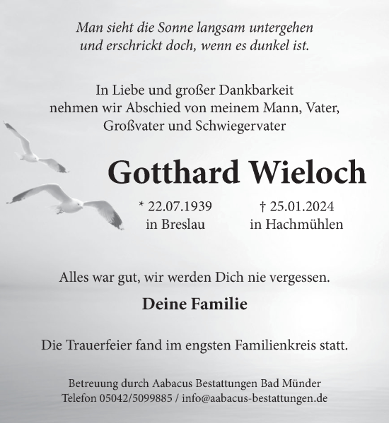 Traueranzeige von Gotthard Wieloch von Neue Deister-Zeitung