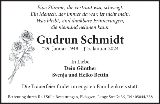 Traueranzeige von Gudrun Schmidt von Neue Deister-Zeitung