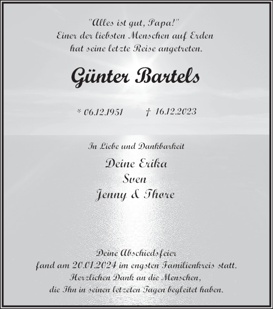 Traueranzeige von Günter Bartels von Deister- und Weserzeitung