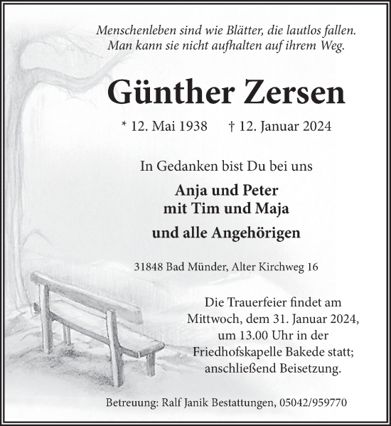 Traueranzeige von Günther Zersen von Neue Deister-Zeitung
