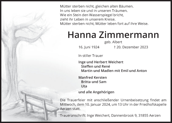 Traueranzeige von Hanna Zimmermann von Deister- und Weserzeitung