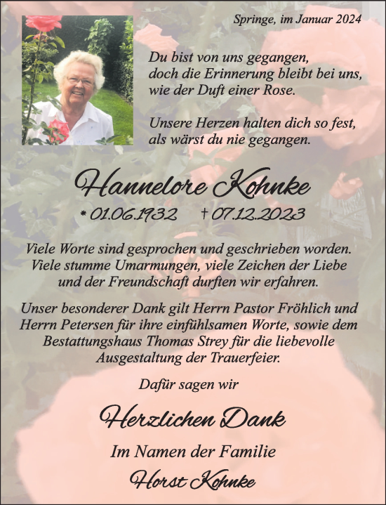 Traueranzeige von Hannelore Kohnke von Neue Deister-Zeitung