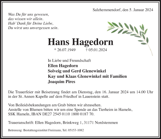 Traueranzeige von Hans Hagedorn von Deister- und Weserzeitung