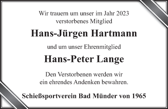 Traueranzeige von Hans-Jürgen Hartmann von Neue Deister-Zeitung
