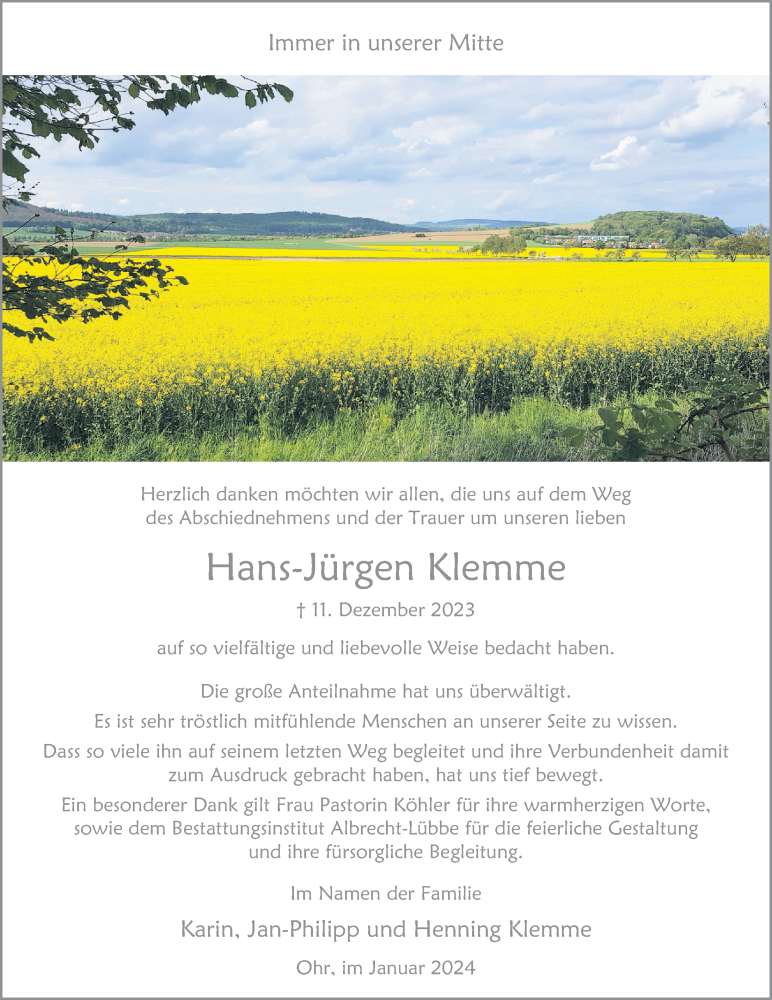  Traueranzeige für Hans-Jürgen Klemme vom 27.01.2024 aus Deister- und Weserzeitung