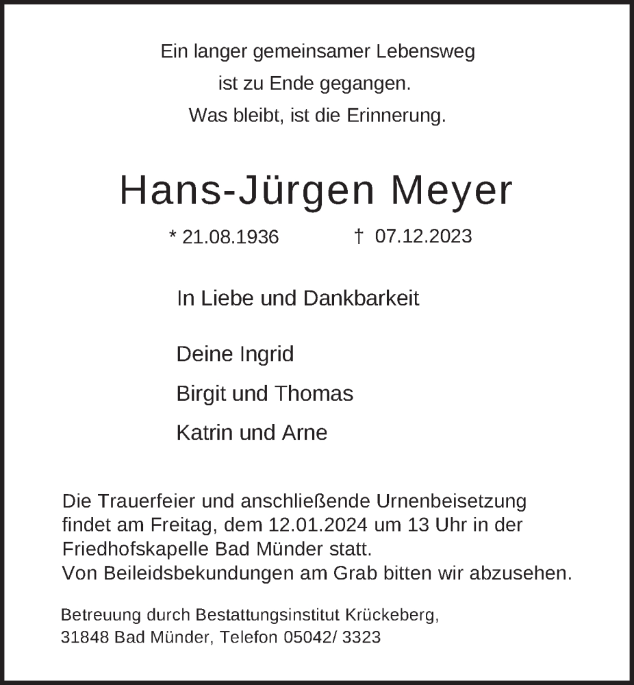  Traueranzeige für Hans-Jürgen Meyer vom 06.01.2024 aus Neue Deister-Zeitung