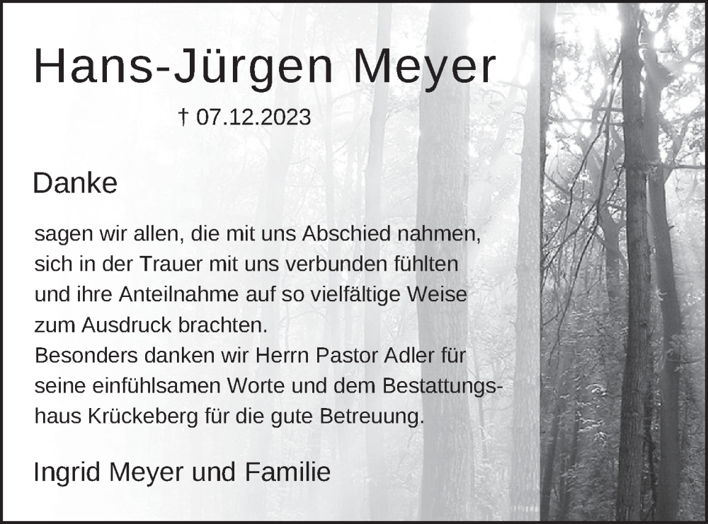  Traueranzeige für Hans-Jürgen Meyer vom 20.01.2024 aus Neue Deister-Zeitung