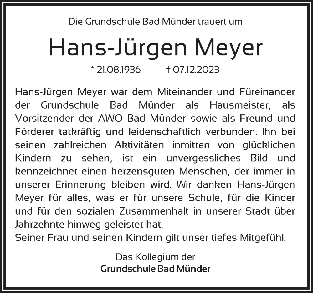  Traueranzeige für Hans-Jürgen Meyer vom 09.01.2024 aus Neue Deister-Zeitung