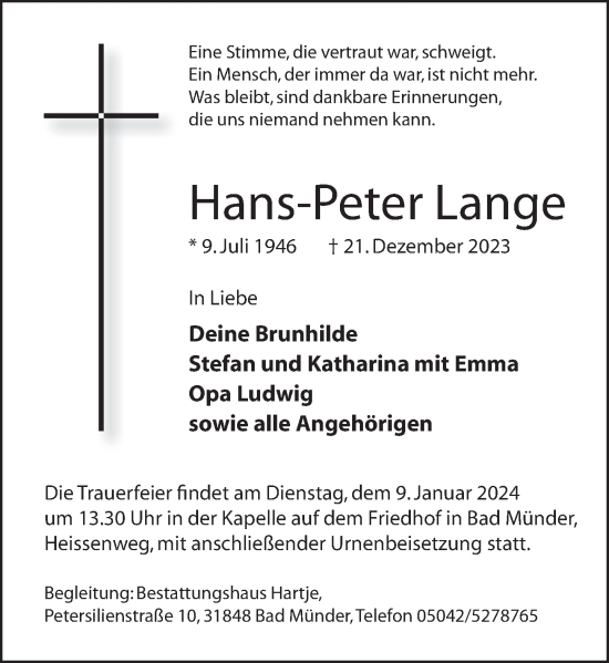Traueranzeige von Hans-Peter Lange von Deister- und Weserzeitung