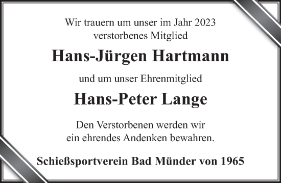 Traueranzeige von Hans-Peter Lange von Neue Deister-Zeitung