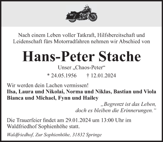 Traueranzeige von Hans-Peter Stache von Neue Deister-Zeitung